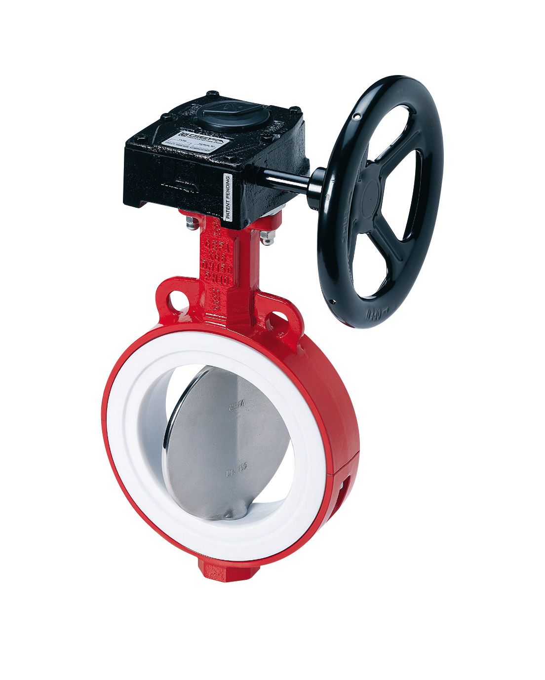 Red and black butterfly valve with handwheel